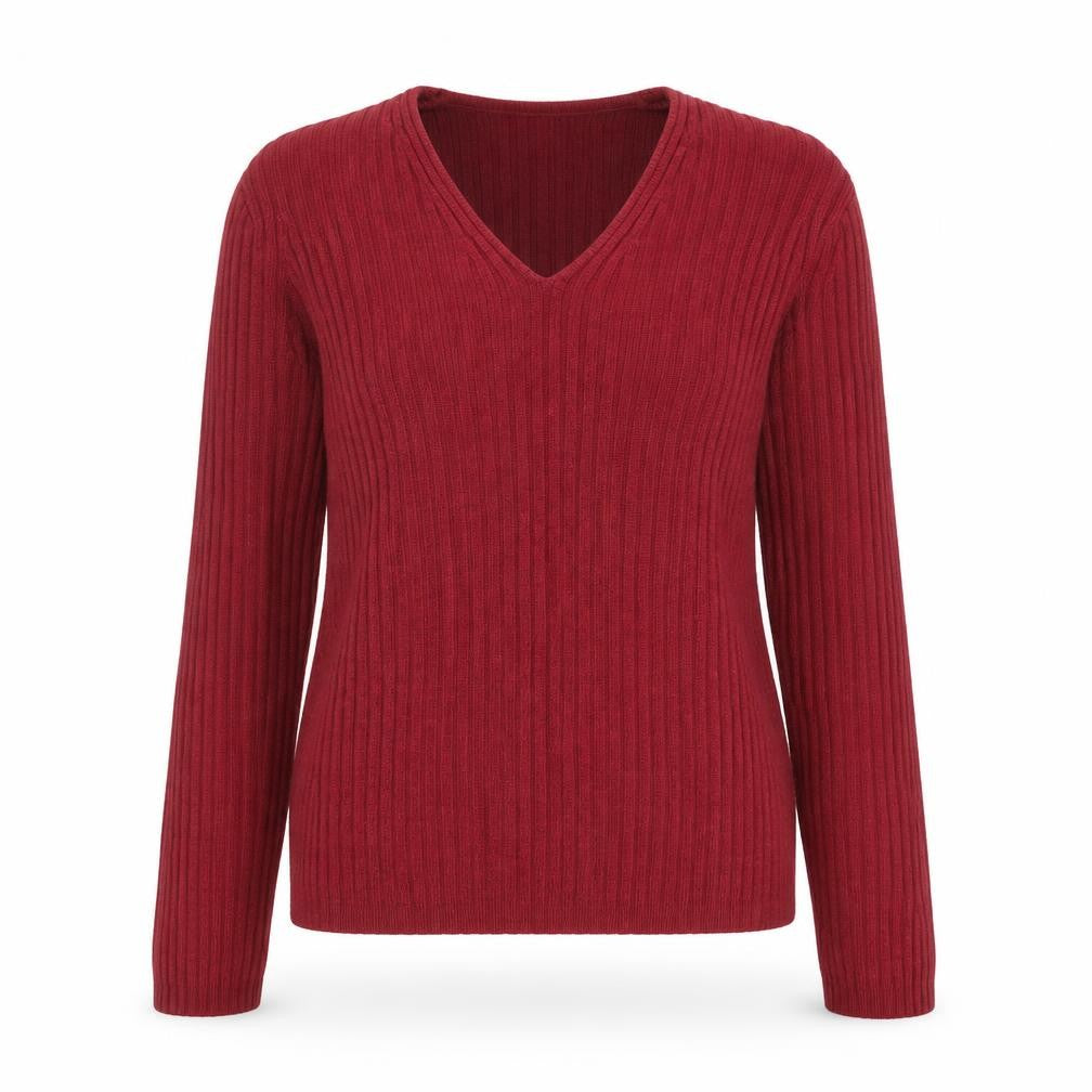 Front view of L.L. Bean Women Red Wool V-Neck Ribbed Jumper, size S