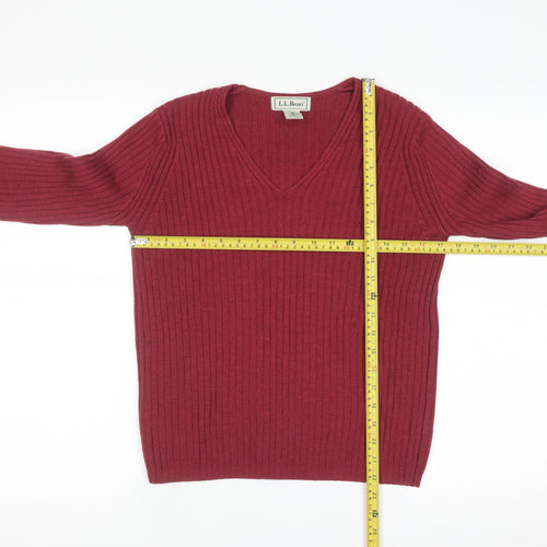 L.L. Bean Women Red Wool V-Neck Ribbed Jumper Size S