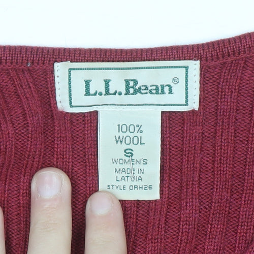 L.L. Bean Women Red Wool V-Neck Ribbed Jumper Size S