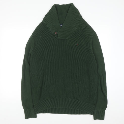 Tommy Hilfiger Men's Green Cotton Collared Pullover Jumper L
