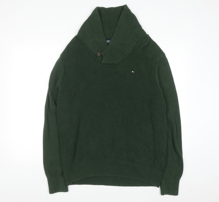 Tommy Hilfiger Men's Green Cotton Collared Pullover Jumper L