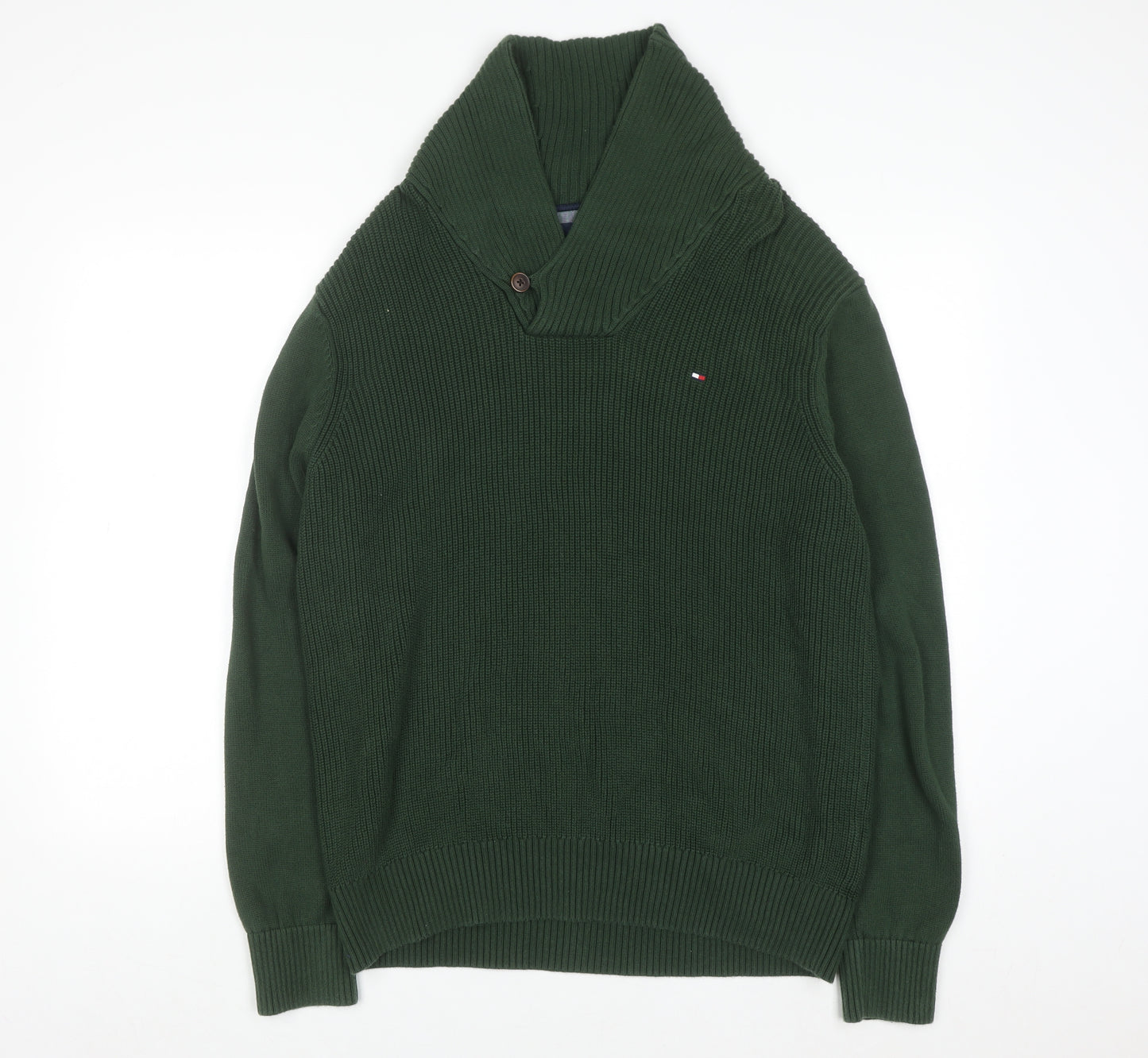 Tommy Hilfiger Men's Green Cotton Collared Pullover Jumper L