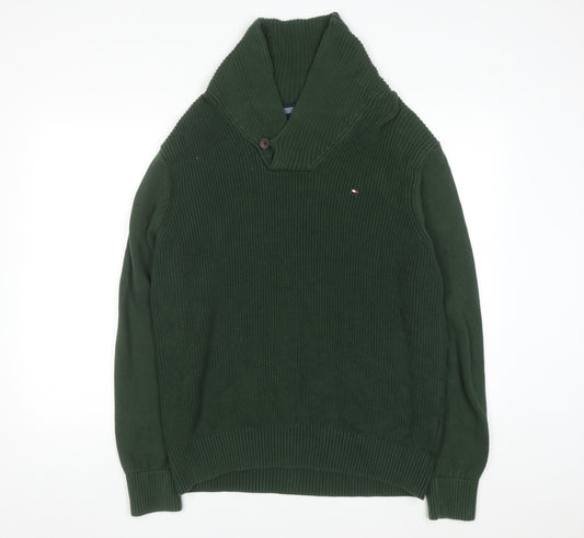 Tommy Hilfiger Men's Green Cotton Collared Pullover Jumper L