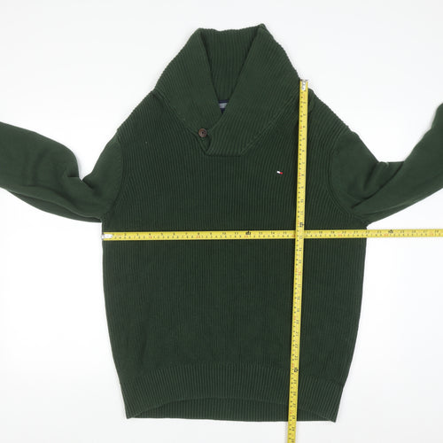 Tommy Hilfiger Men's Green Cotton Collared Pullover Jumper L