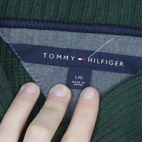 Tommy Hilfiger Men's Green Cotton Collared Pullover Jumper L