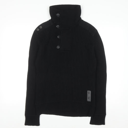 River Island Men’s Black Cotton Ribbed Henley Jumper Medium