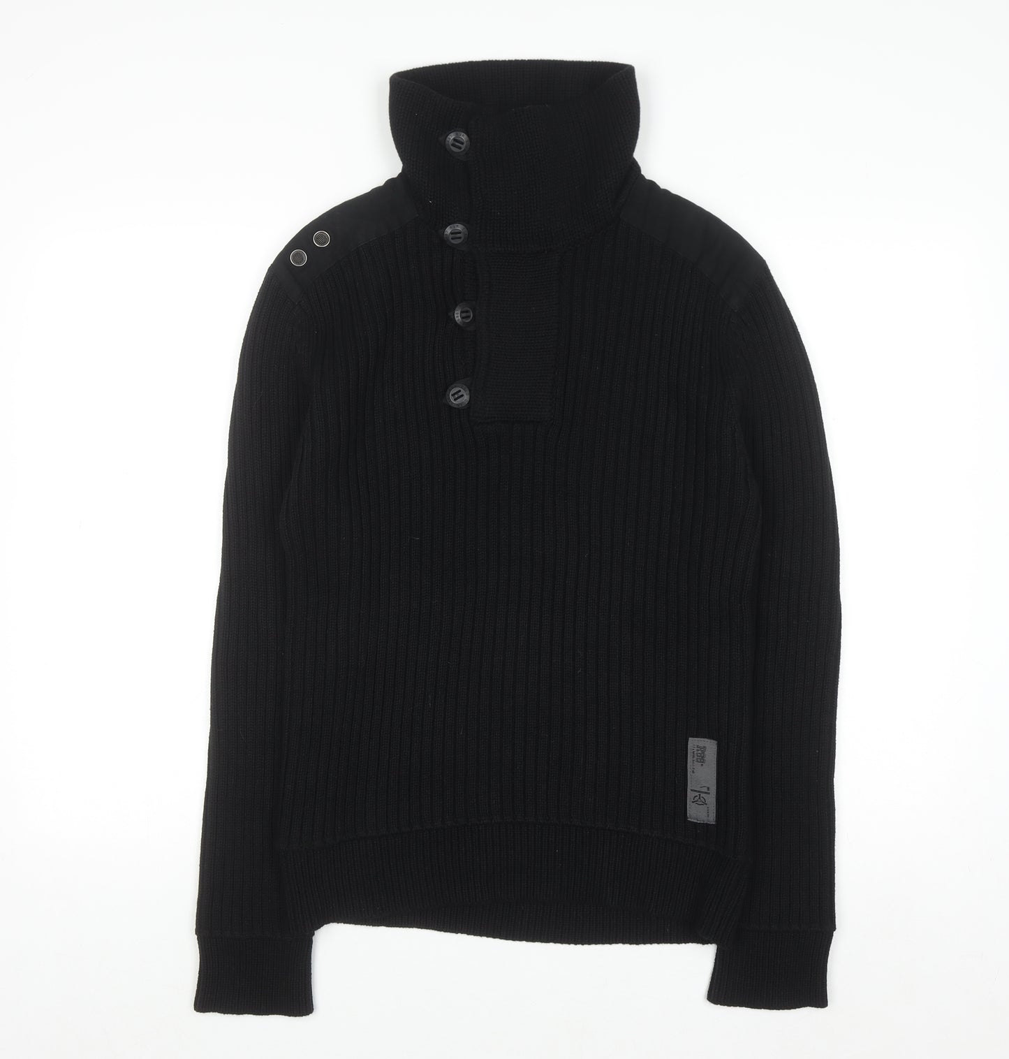 River Island Men’s Black Cotton Ribbed Henley Jumper Medium