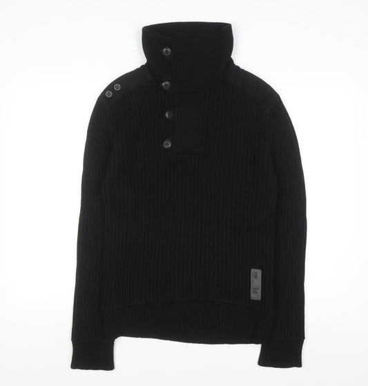 River Island Men’s Black Cotton Ribbed Henley Jumper Medium