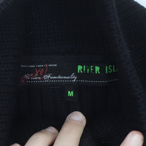 River Island Men’s Black Cotton Ribbed Henley Jumper Medium