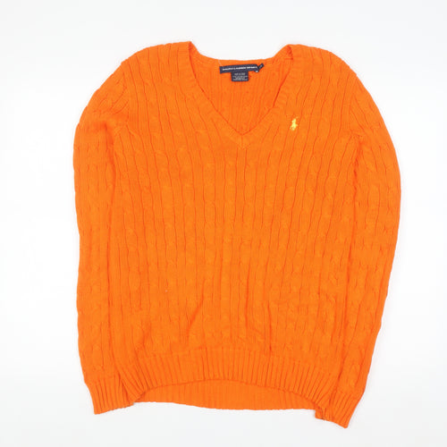 Ralph Lauren Sport Women's Orange Cable-Knit Cotton V-Neck Jumper L