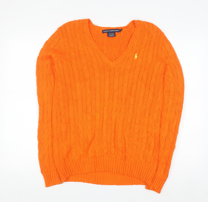 Ralph Lauren Sport Women's Orange Cable-Knit Cotton V-Neck Jumper L