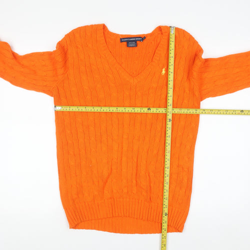 Ralph Lauren Sport Women's Orange Cable-Knit Cotton V-Neck Jumper L