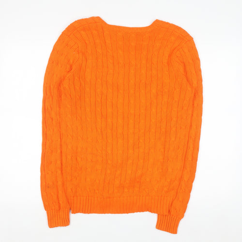 Ralph Lauren Sport Women's Orange Cable-Knit Cotton V-Neck Jumper L