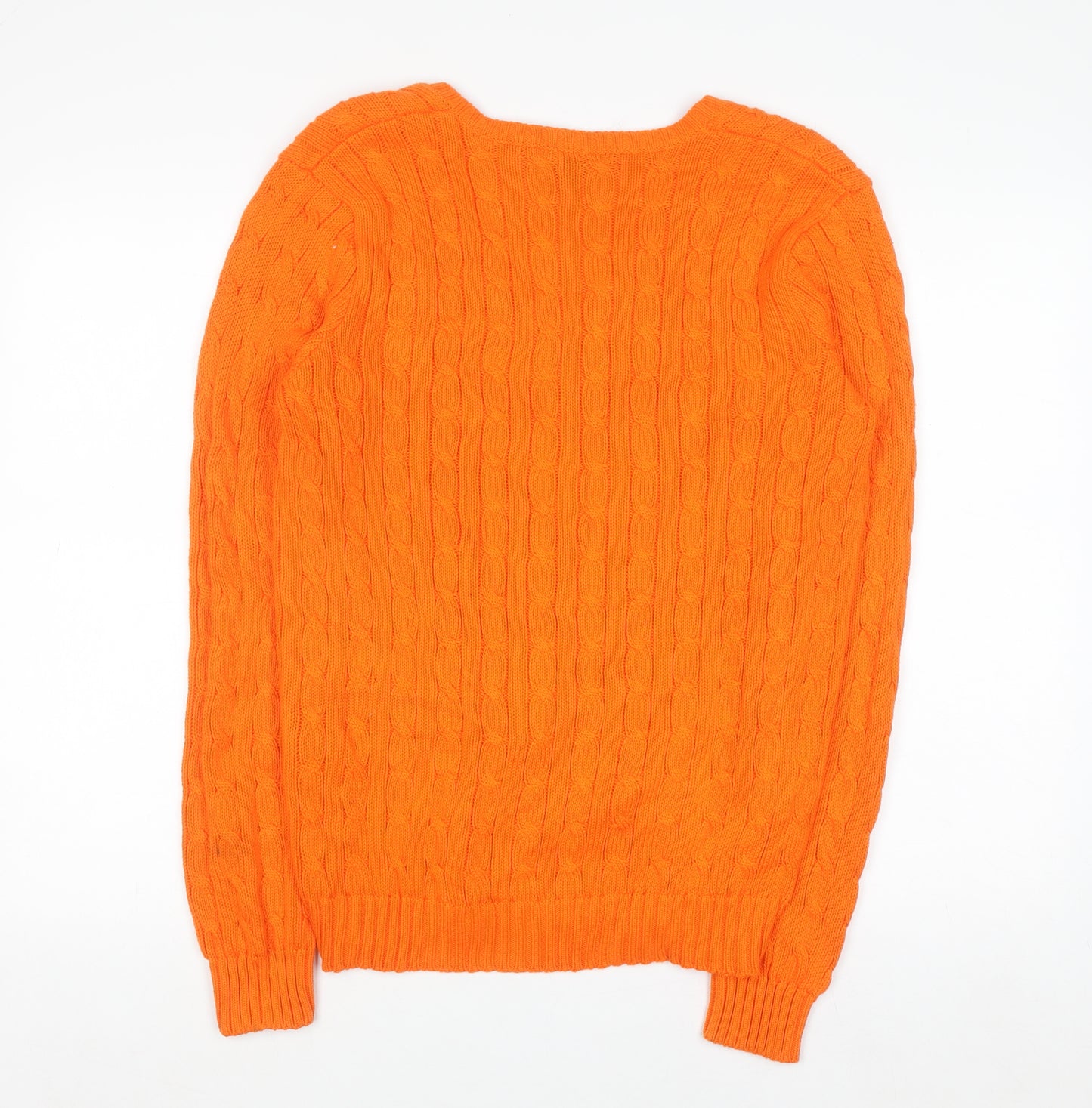 Ralph Lauren Sport Women's Orange Cable-Knit Cotton V-Neck Jumper L