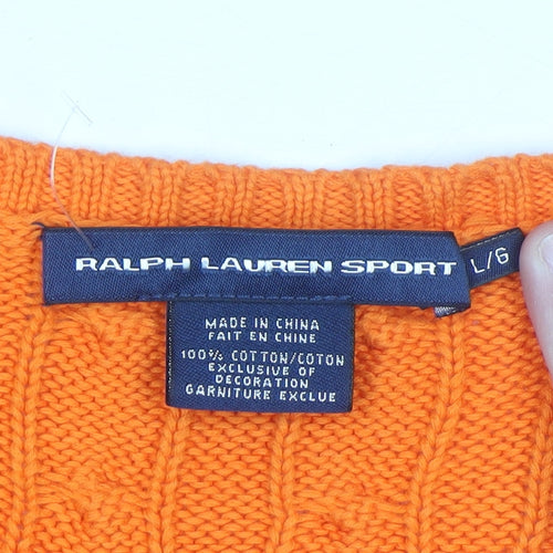 Ralph Lauren Sport Women's Orange Cable-Knit Cotton V-Neck Jumper L