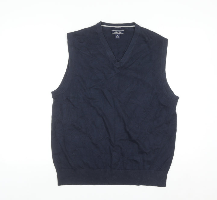 Lands' End Men's Blue Cotton V-Neck Sleeveless Vest L