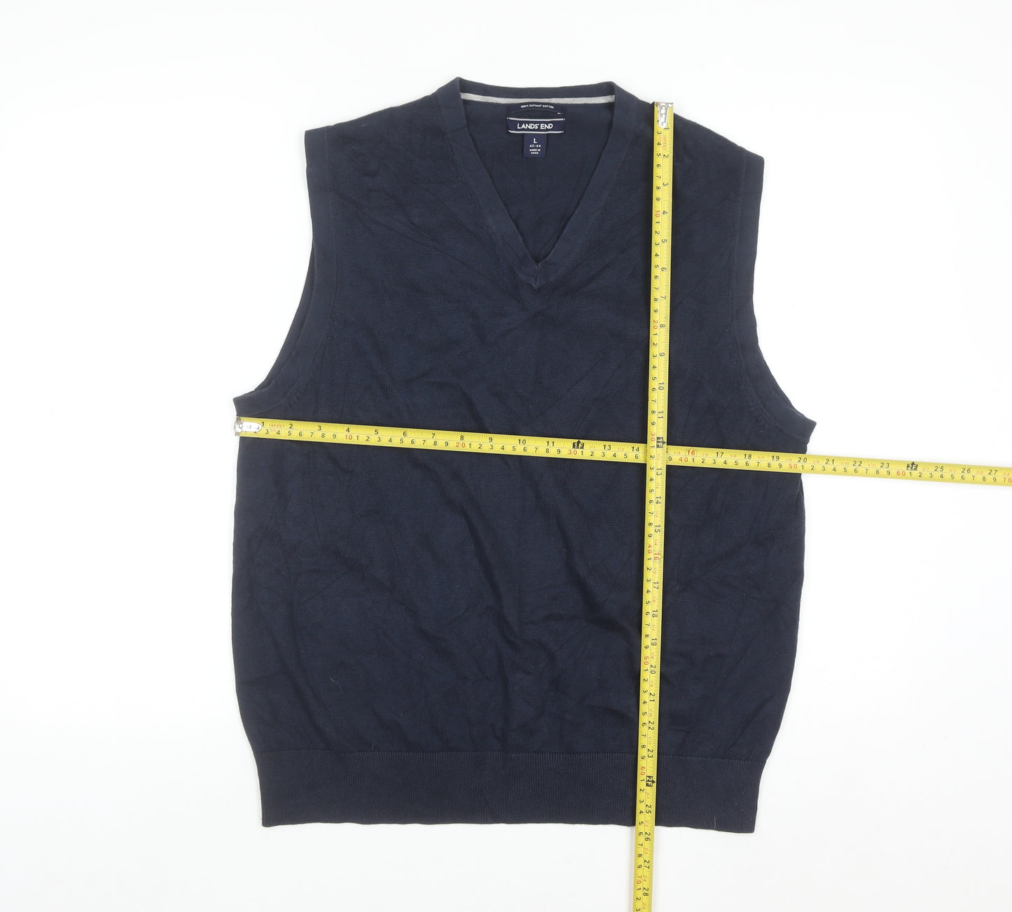 Lands' End Men's Blue Cotton V-Neck Sleeveless Vest L