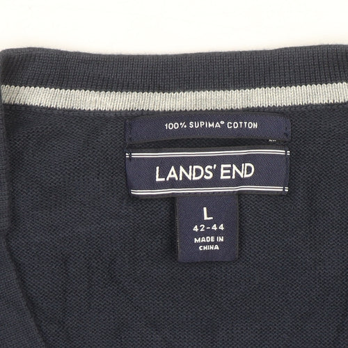 Lands' End Men's Blue Cotton V-Neck Sleeveless Vest L