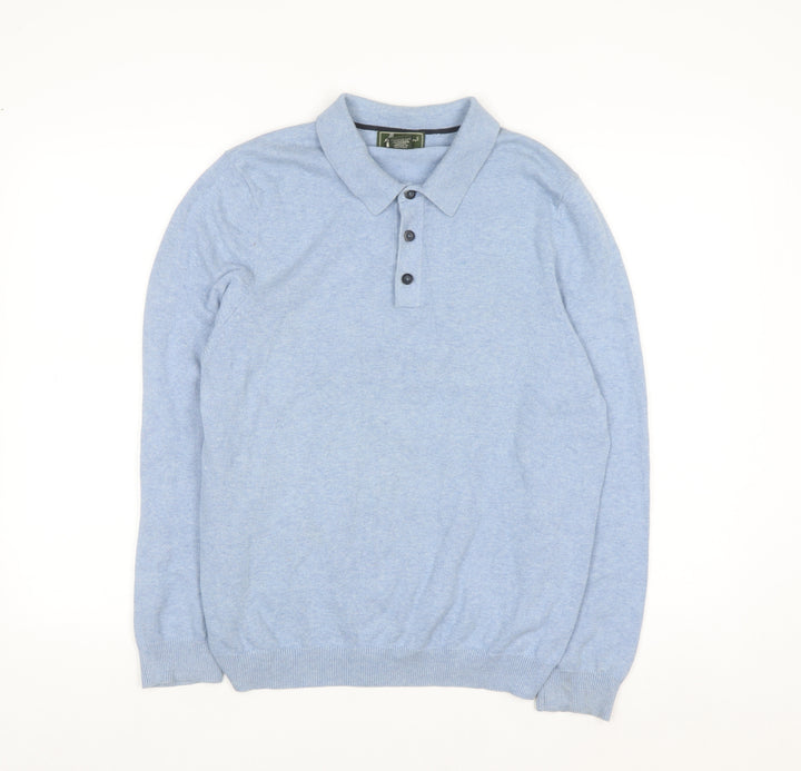 Eddie Bauer Men’s Blue Collared Henley Jumper M Cotton Knit