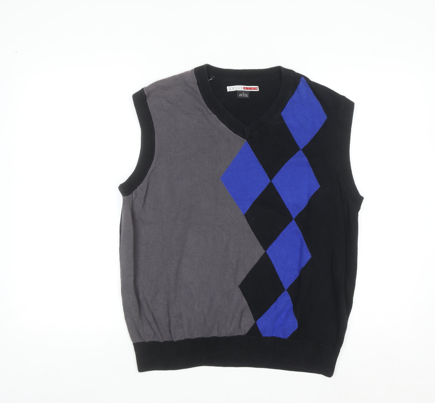 Grand Slam Men's Black Argyle Cotton V-Neck Sweater Vest Size L