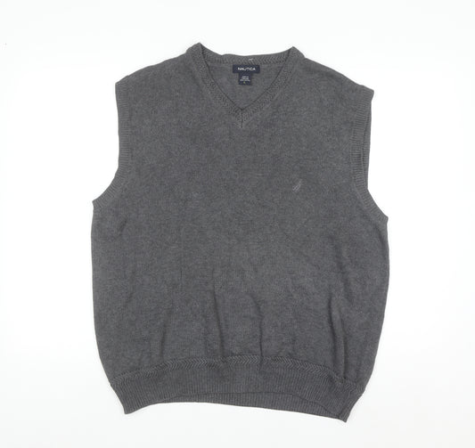 Nautica Men Grey Cotton Sleeveless V-Neck Knit Jumper Vest Size L