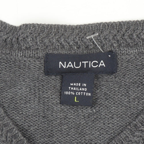 Nautica Men Grey Cotton Sleeveless V-Neck Knit Jumper Vest Size L