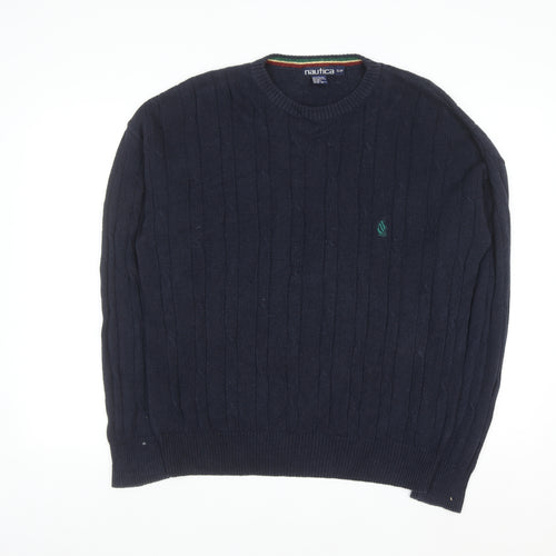 Nautica Men's Blue Cable-Knit Crew Neck Linen Cotton Jumper Size S