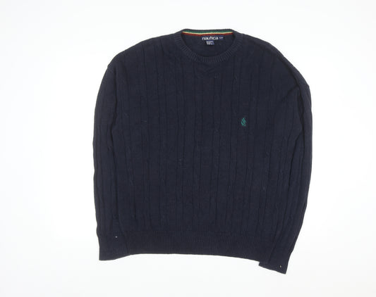 Nautica Men's Blue Cable-Knit Crew Neck Linen Cotton Jumper Size S