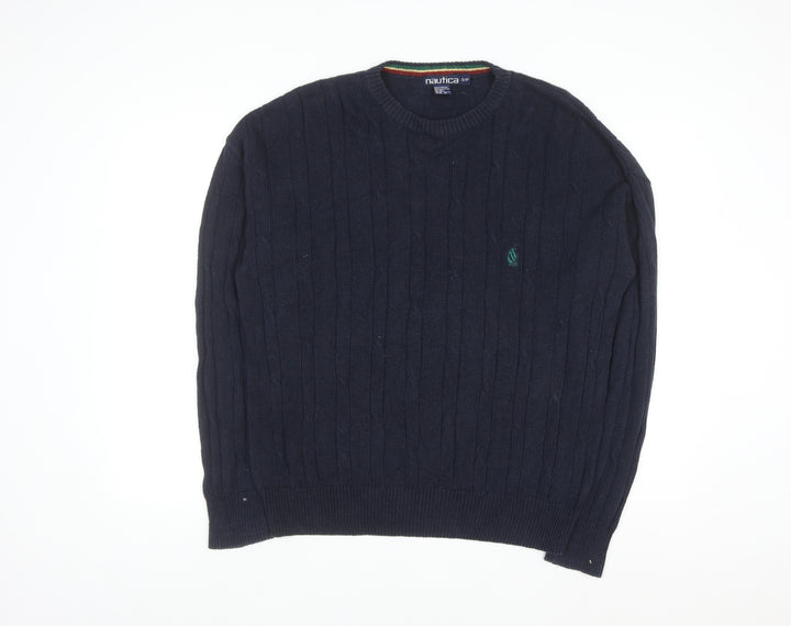 Nautica Men's Blue Cable-Knit Crew Neck Linen Cotton Jumper Size S