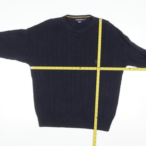 Nautica Men's Blue Cable-Knit Crew Neck Linen Cotton Jumper Size S
