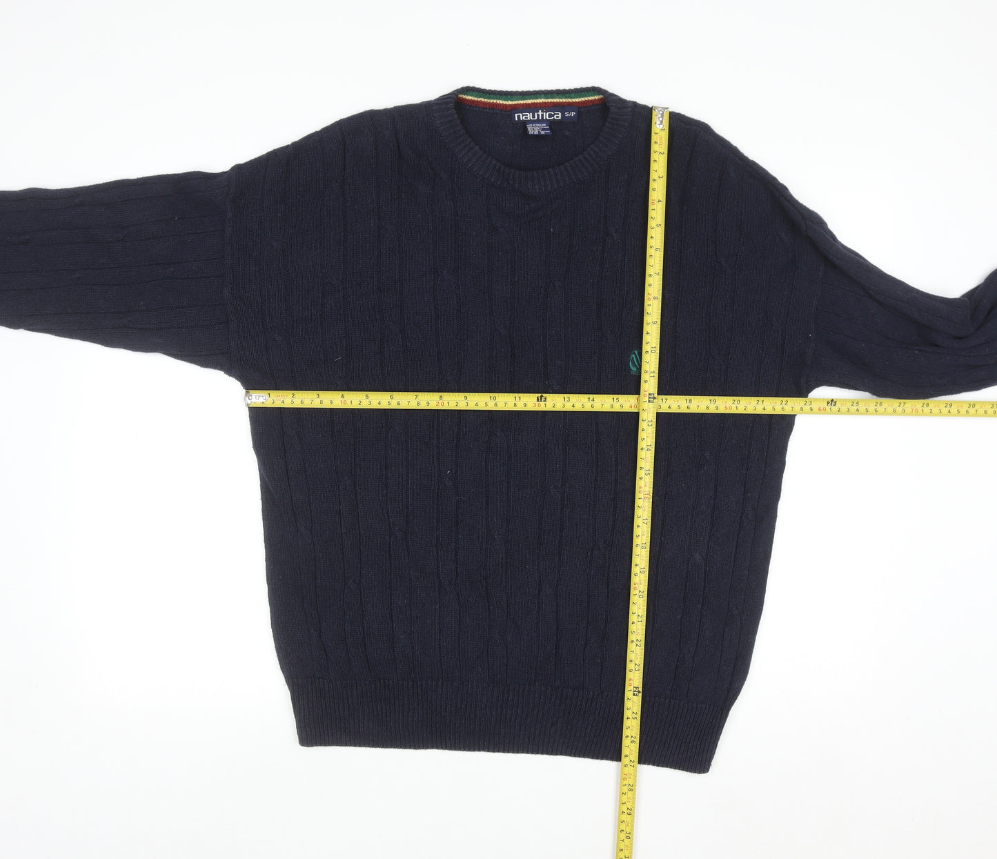 Nautica Men's Blue Cable-Knit Crew Neck Linen Cotton Jumper Size S