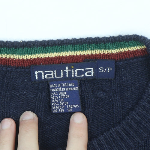 Nautica Men's Blue Cable-Knit Crew Neck Linen Cotton Jumper Size S
