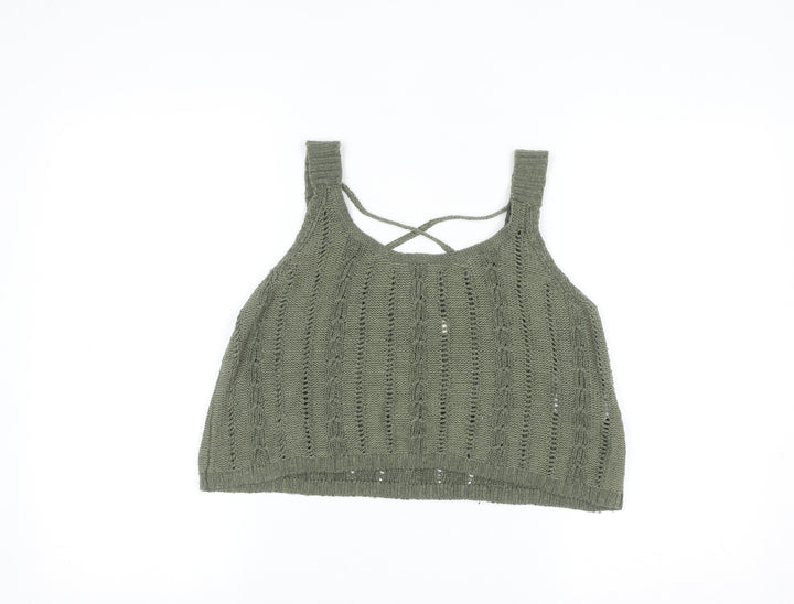 Hollister Women’s Green Open Knit Sleeveless Pullover Jumper M
