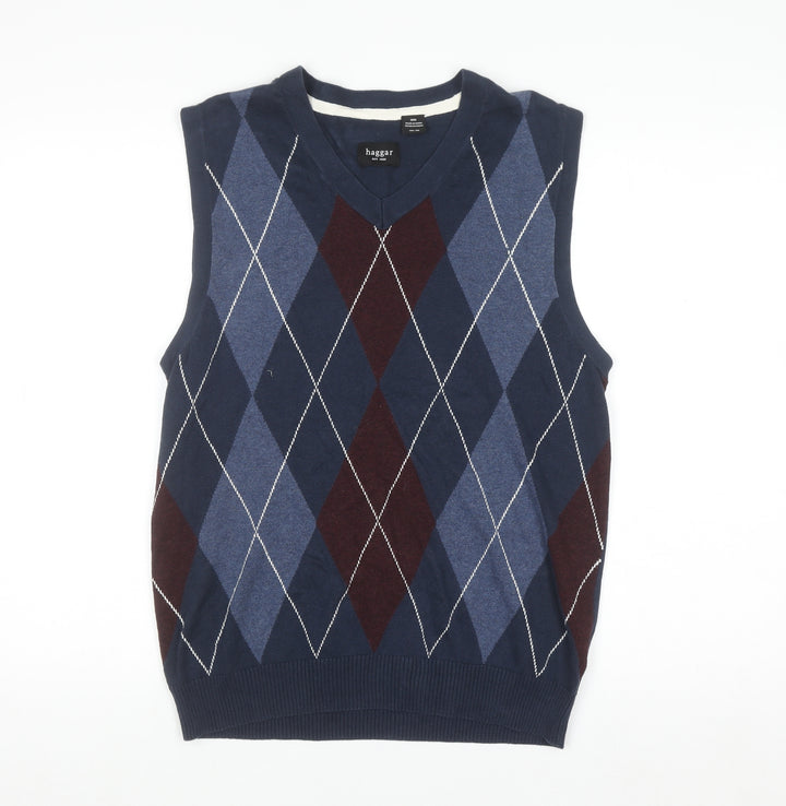 Haggar Men's Blue Argyle Knit Cotton Sleeveless V-Neck Vest M