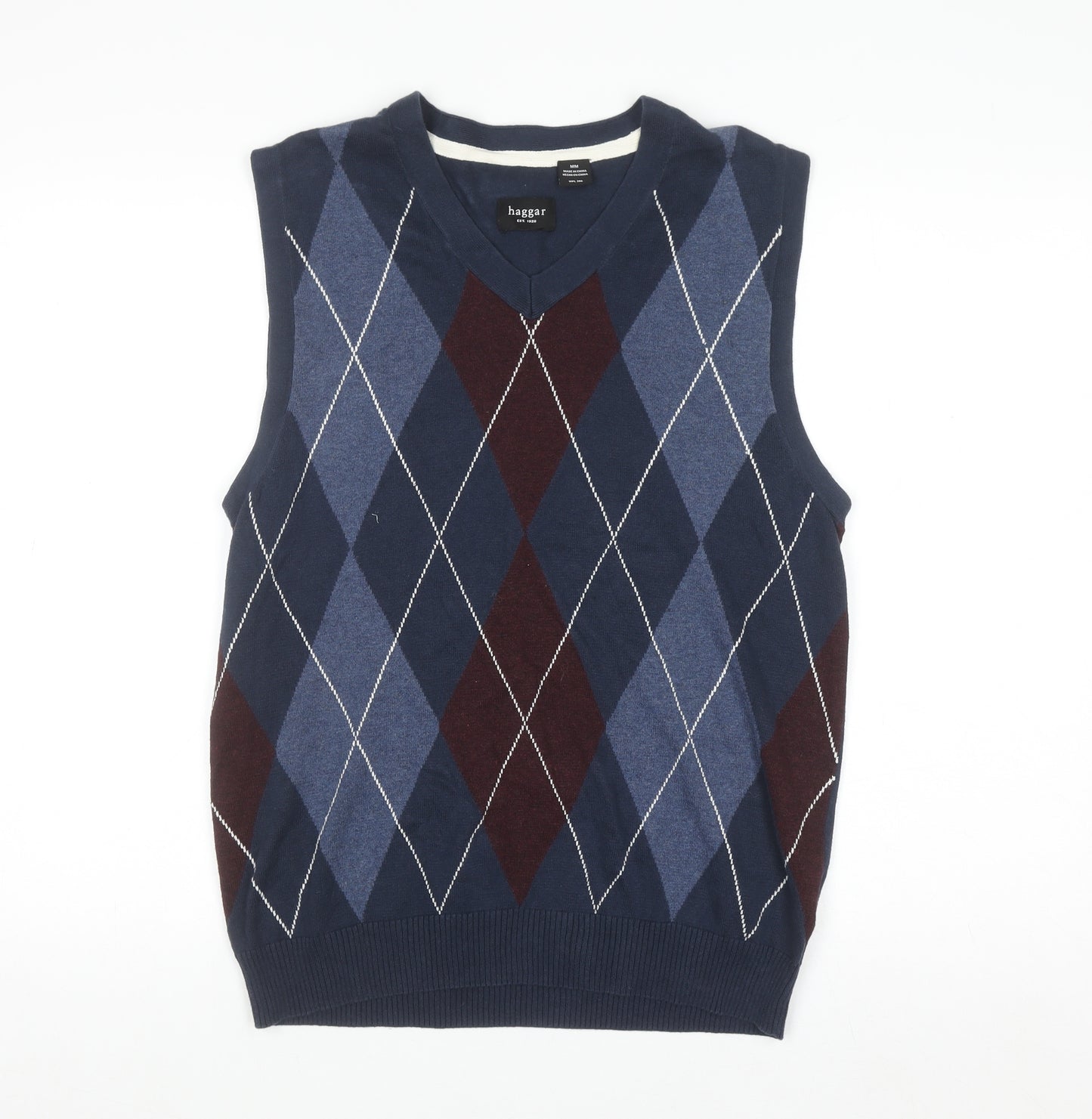 Haggar Men's Blue Argyle Knit Cotton Sleeveless V-Neck Vest M