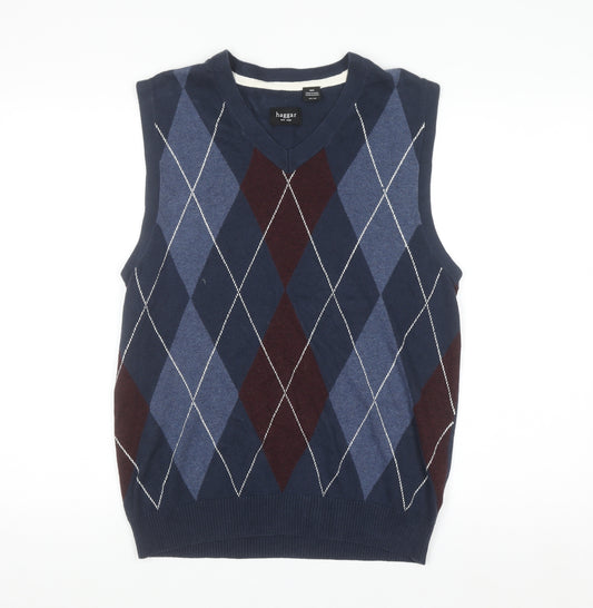 Haggar Men's Blue Argyle Knit Cotton Sleeveless V-Neck Vest M