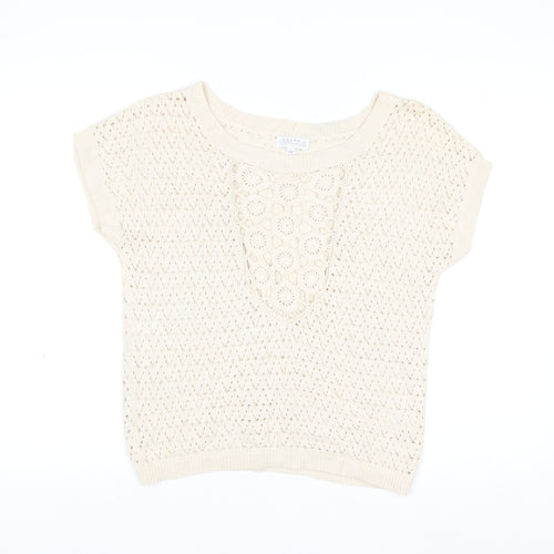 Joseph A Women Beige Open Knit Cotton Blend Short Sleeve Jumper M