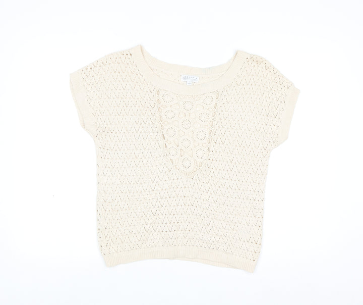 Joseph A Women Beige Open Knit Cotton Blend Short Sleeve Jumper M