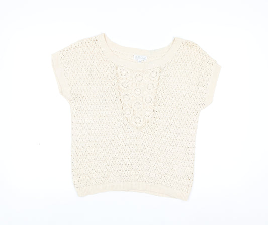 Joseph A Women Beige Open Knit Cotton Blend Short Sleeve Jumper M