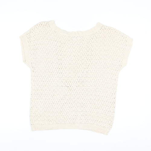 Joseph A Women Beige Open Knit Cotton Blend Short Sleeve Jumper M