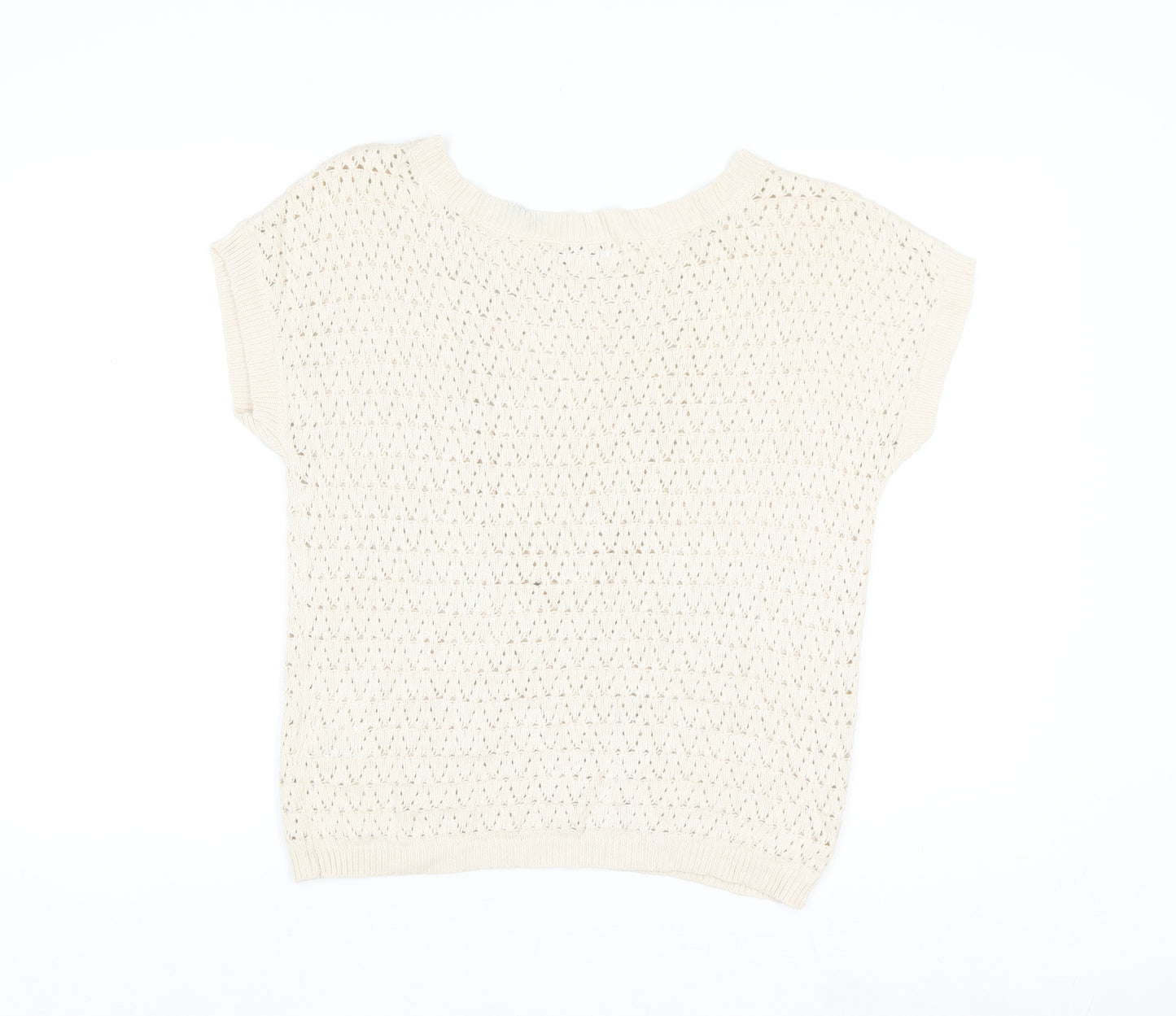 Joseph A Women Beige Open Knit Cotton Blend Short Sleeve Jumper M