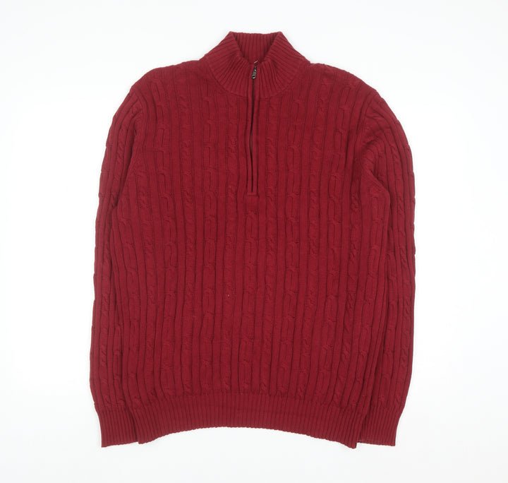 IZOD Men's Red Cable-Knit 1/2 Zip Cotton Jumper Size L