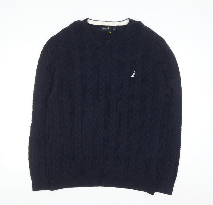 Nautica Men's Blue Cable-Knit Crew Neck Pullover Jumper XL