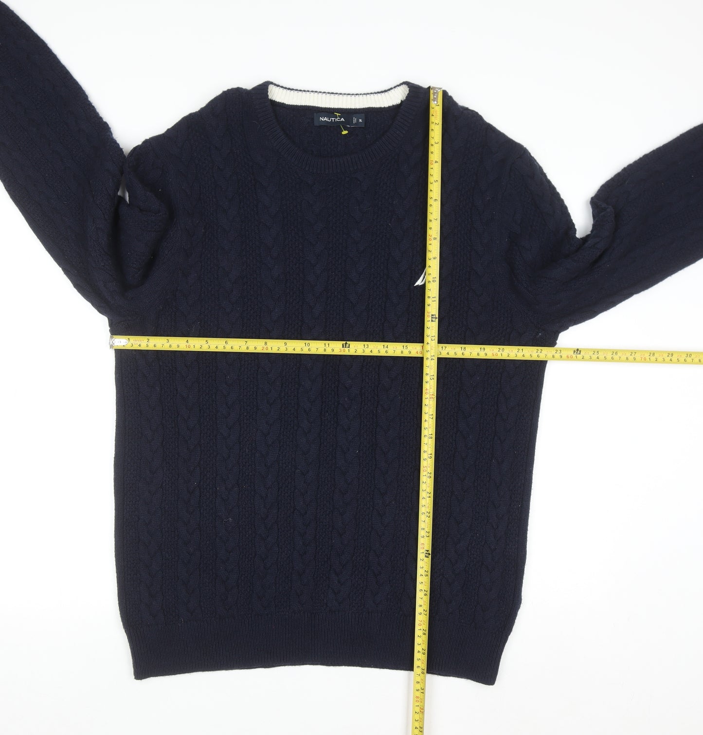 Nautica Men's Blue Cable-Knit Crew Neck Pullover Jumper XL