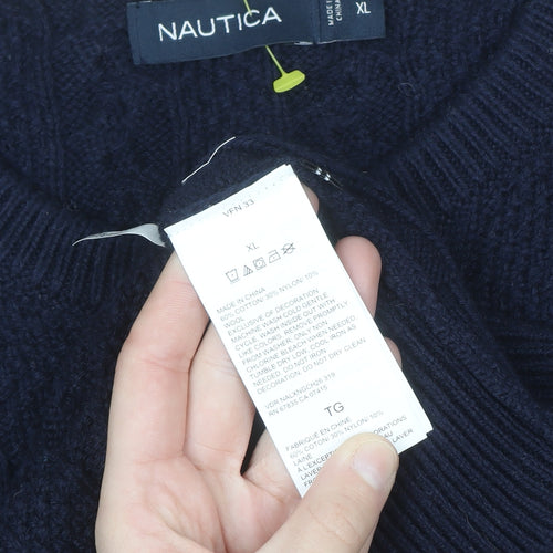 Nautica Men's Blue Cable-Knit Crew Neck Pullover Jumper XL