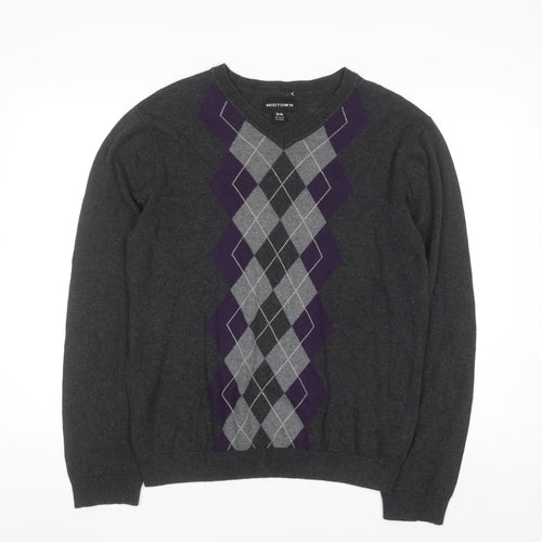 Midtown Men's Grey Argyle V-Neck Cotton Jumper Size M Classic Knit