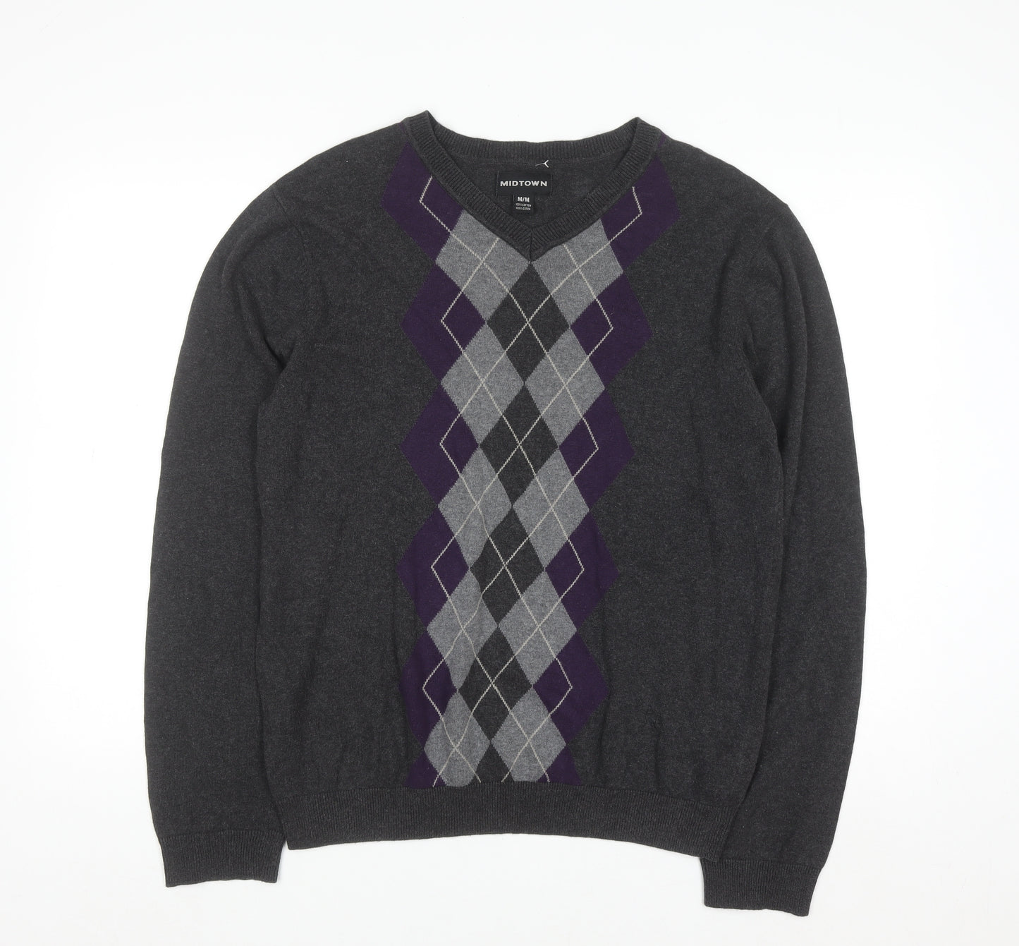 Midtown Men's Grey Argyle V-Neck Cotton Jumper Size M Classic Knit