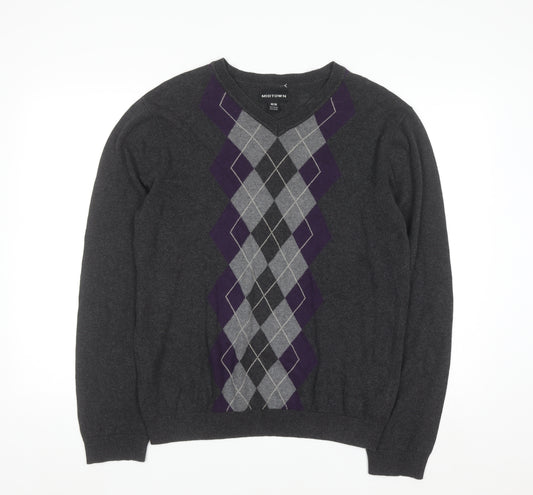 Midtown Men's Grey Argyle V-Neck Cotton Jumper Size M Classic Knit