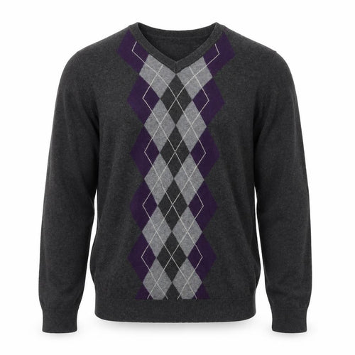 Midtown Men's Grey Argyle V-Neck Cotton Jumper Size M Classic Knit