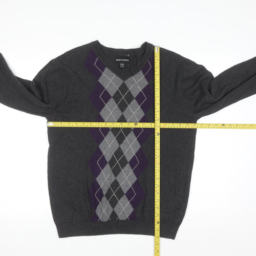 Midtown Men's Grey Argyle V-Neck Cotton Jumper Size M Classic Knit